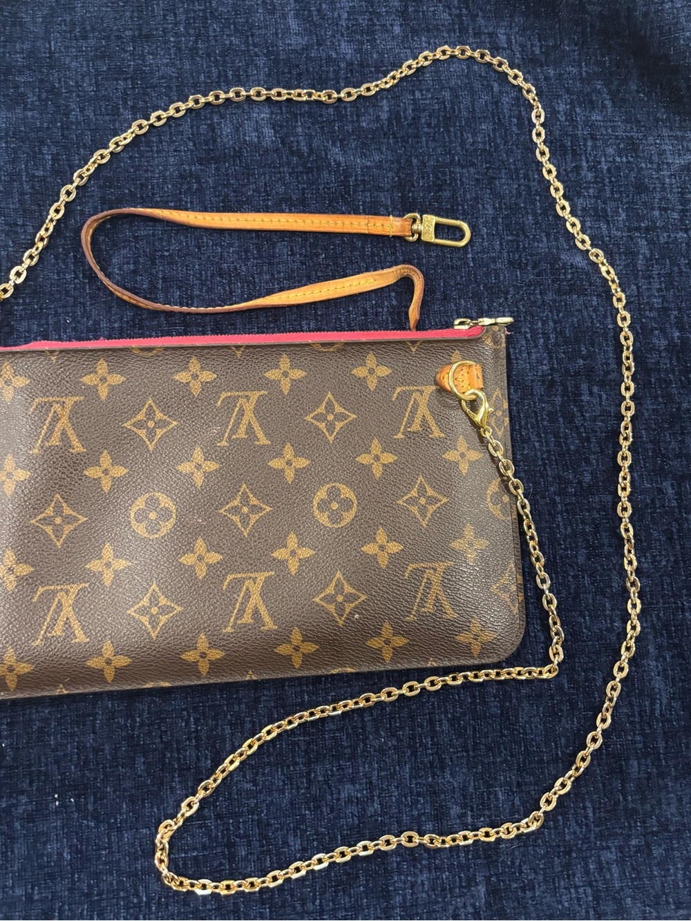 Louis Vuitton Monogram Wristlet with Gold Chain and Pink Trim